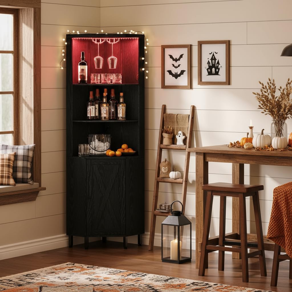 LED Glass Holder Tall Corner Wine Bar Storage Cabinet