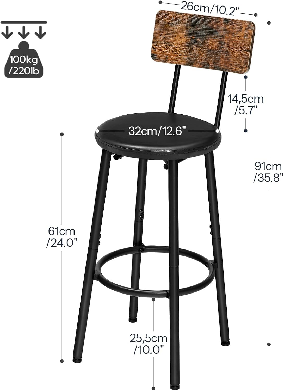 Rustic Brown PU Bar Stools Set of 2
