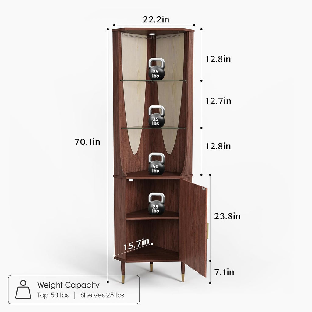 Walnut Fluted LED Tall Corner Liquor Wine Cabinet