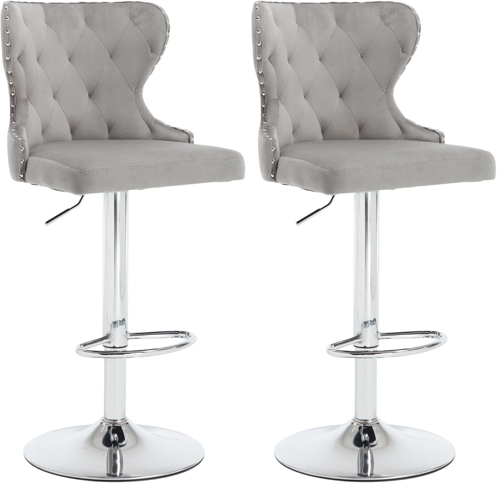 Gray Velvet Nailhead Swivel Bar Stools Set of 2