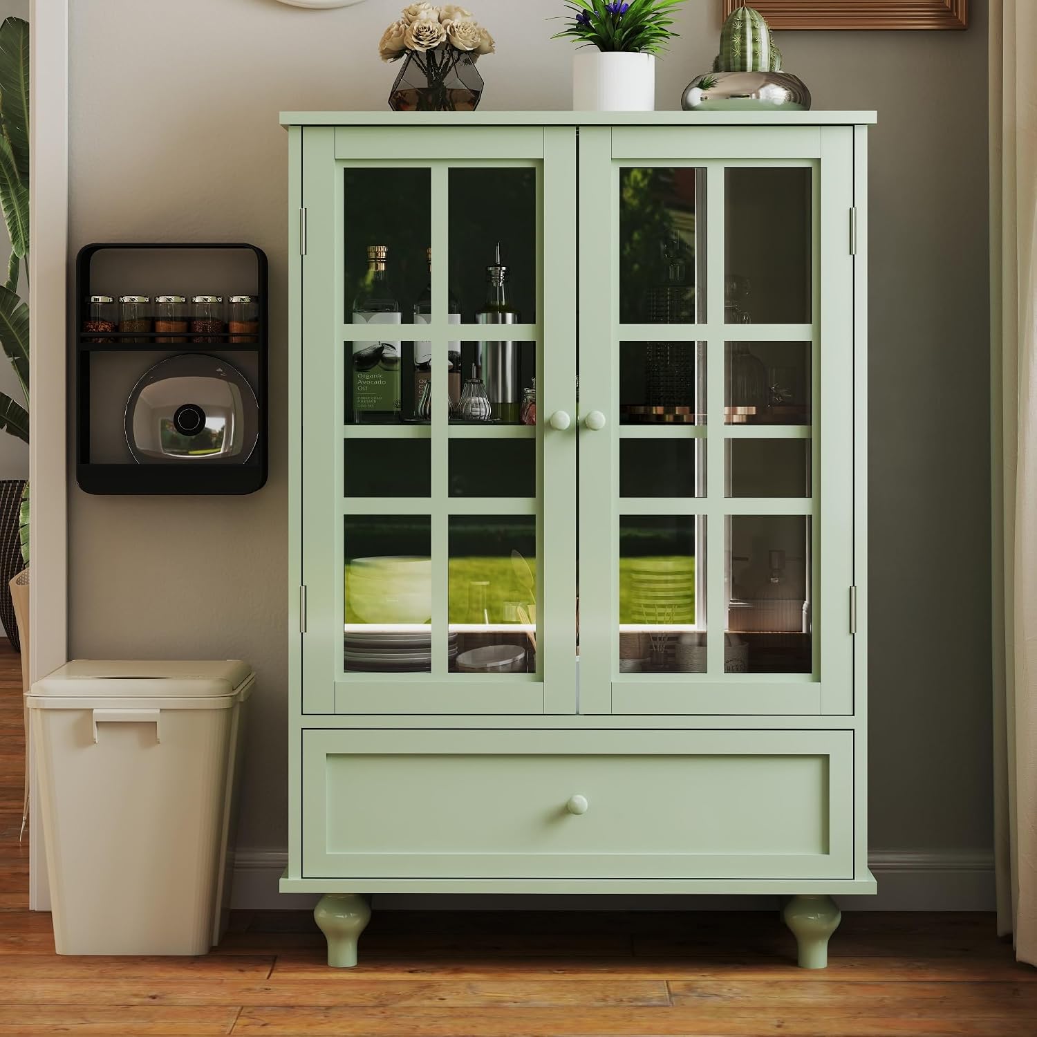 Glass Door Drawer Wooden Sideboard Storage Cabinet
