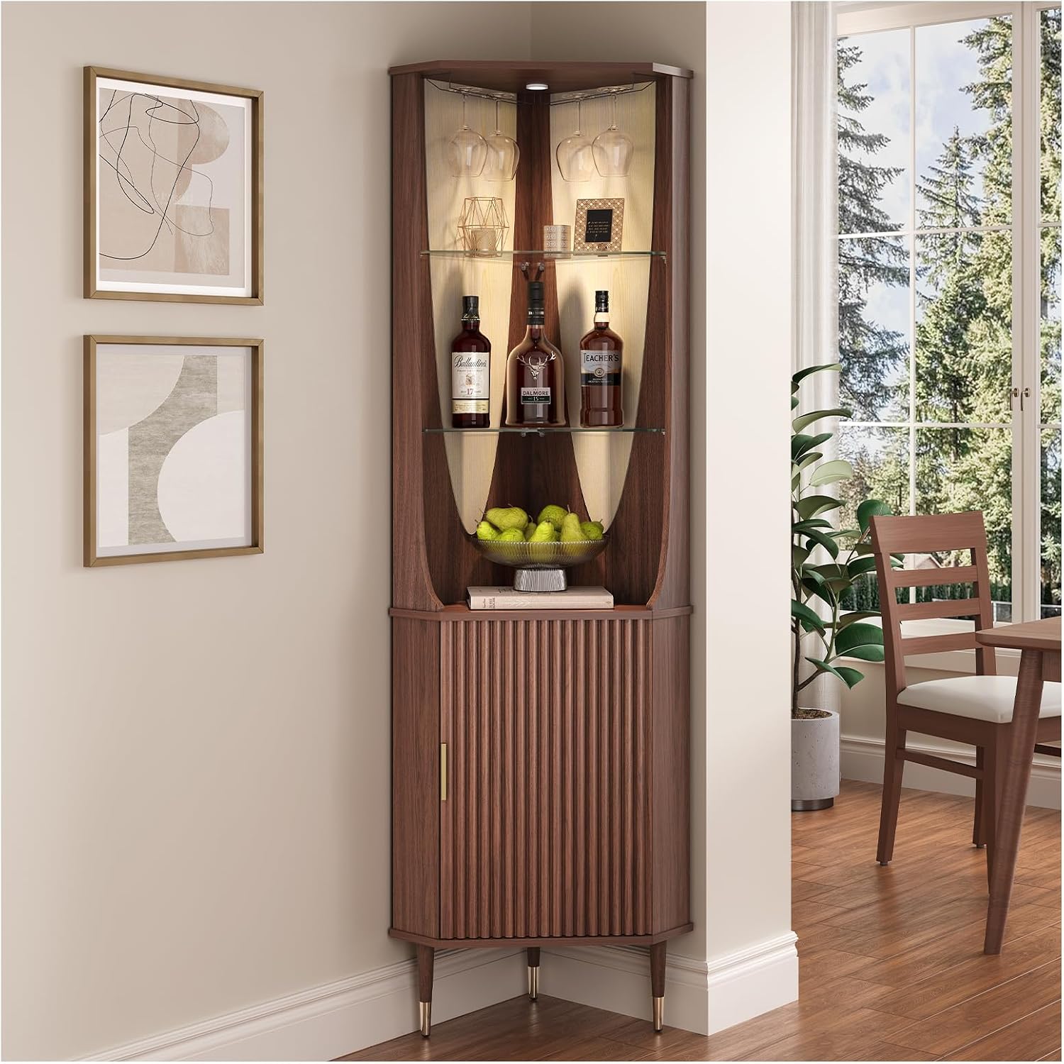 Walnut Fluted LED Tall Corner Liquor Wine Cabinet