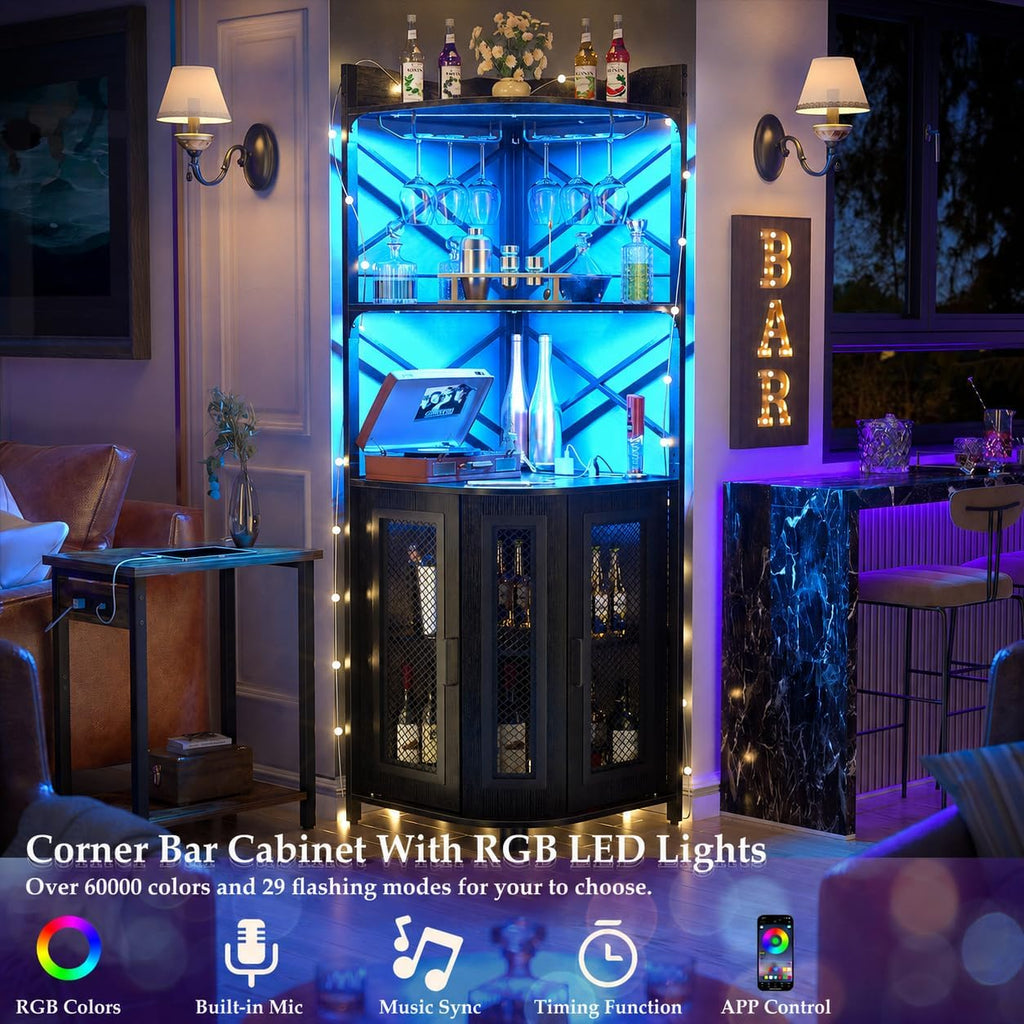 Black LED Power Outlet Industrial Corner Wine Bar Cabinet