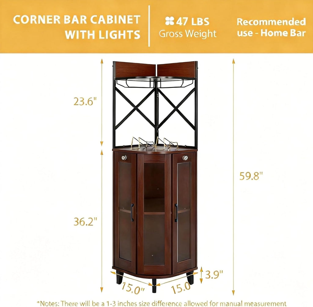 Walnut Lockable LED Glass Door Corner Wine Bar Cabinet