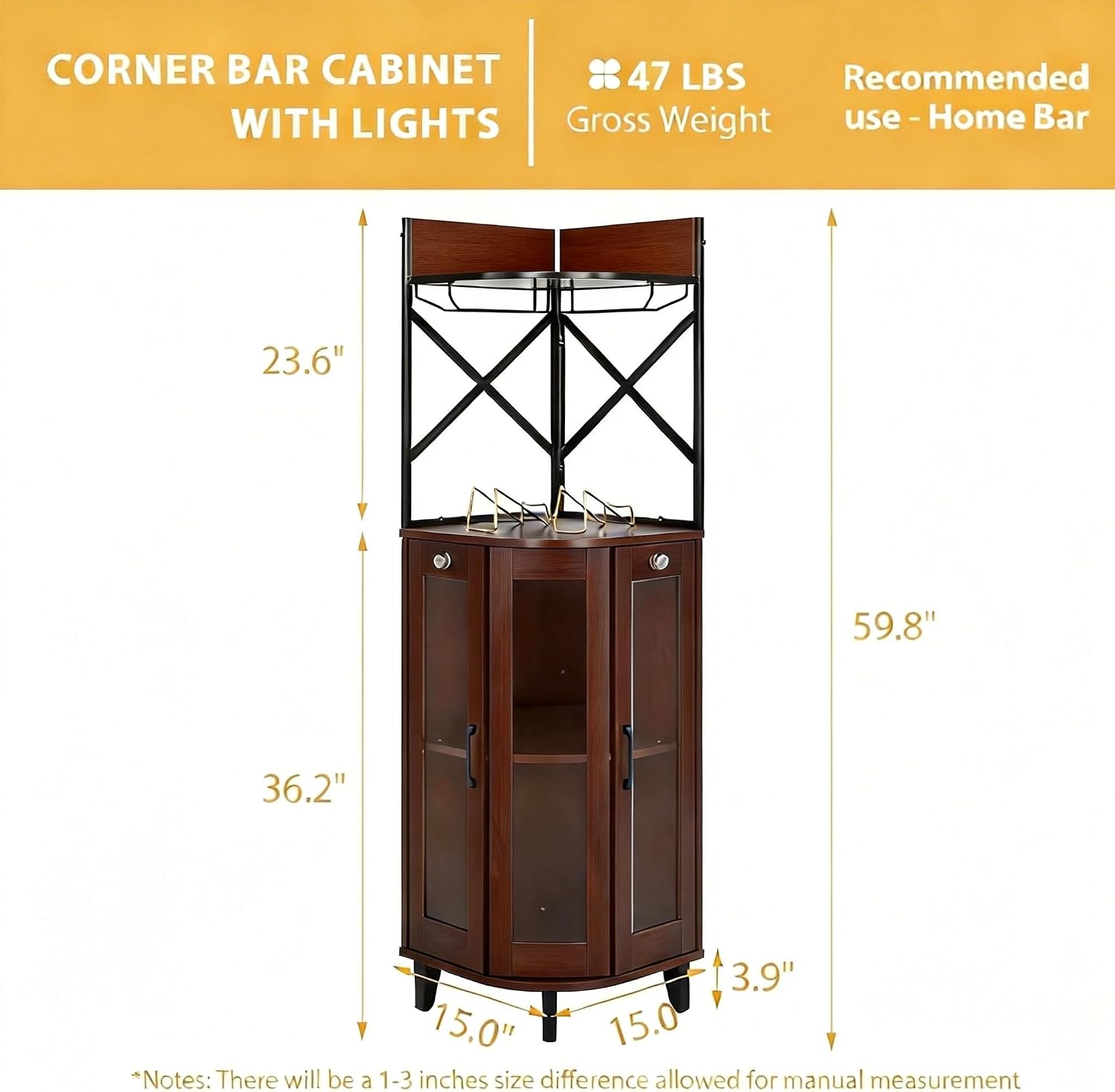 Walnut Lockable LED Glass Door Corner Wine Bar Cabinet