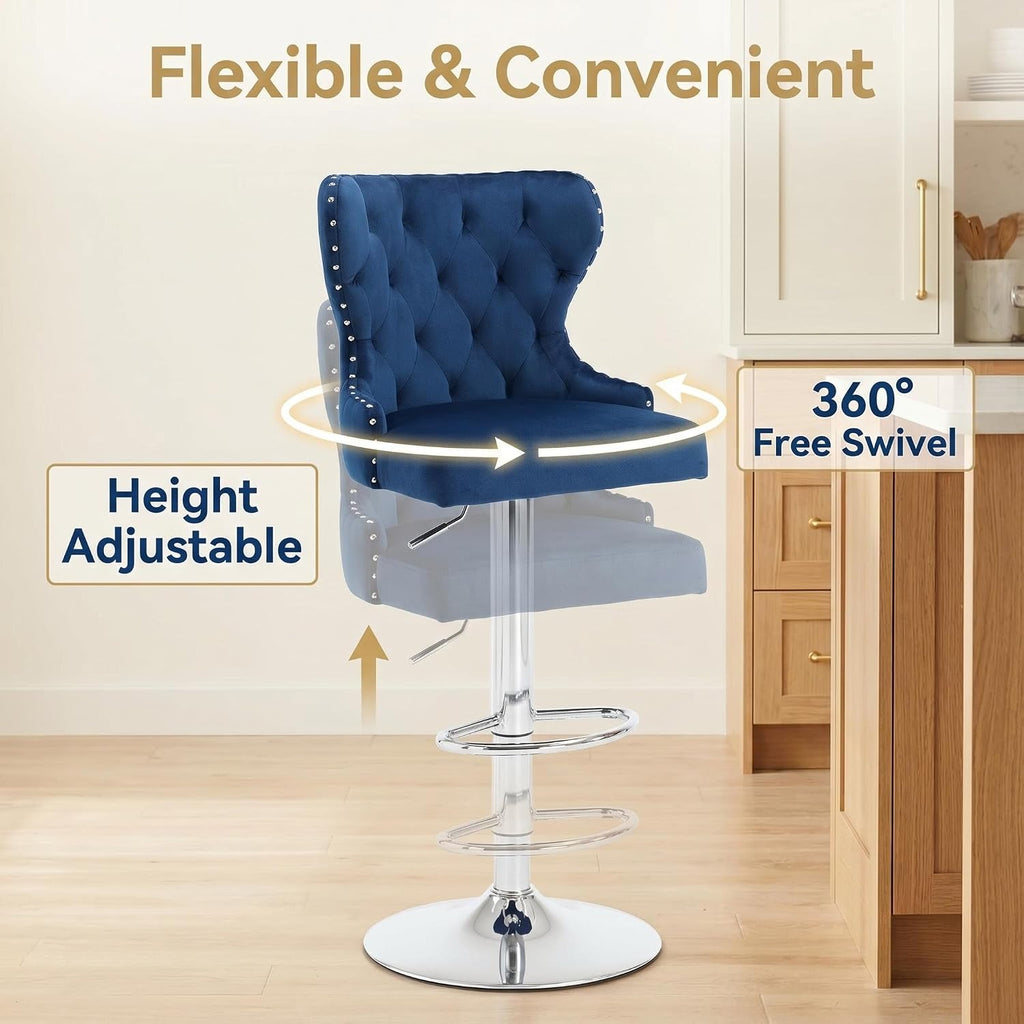 Blue Velvet Swivel Bar Stools Set