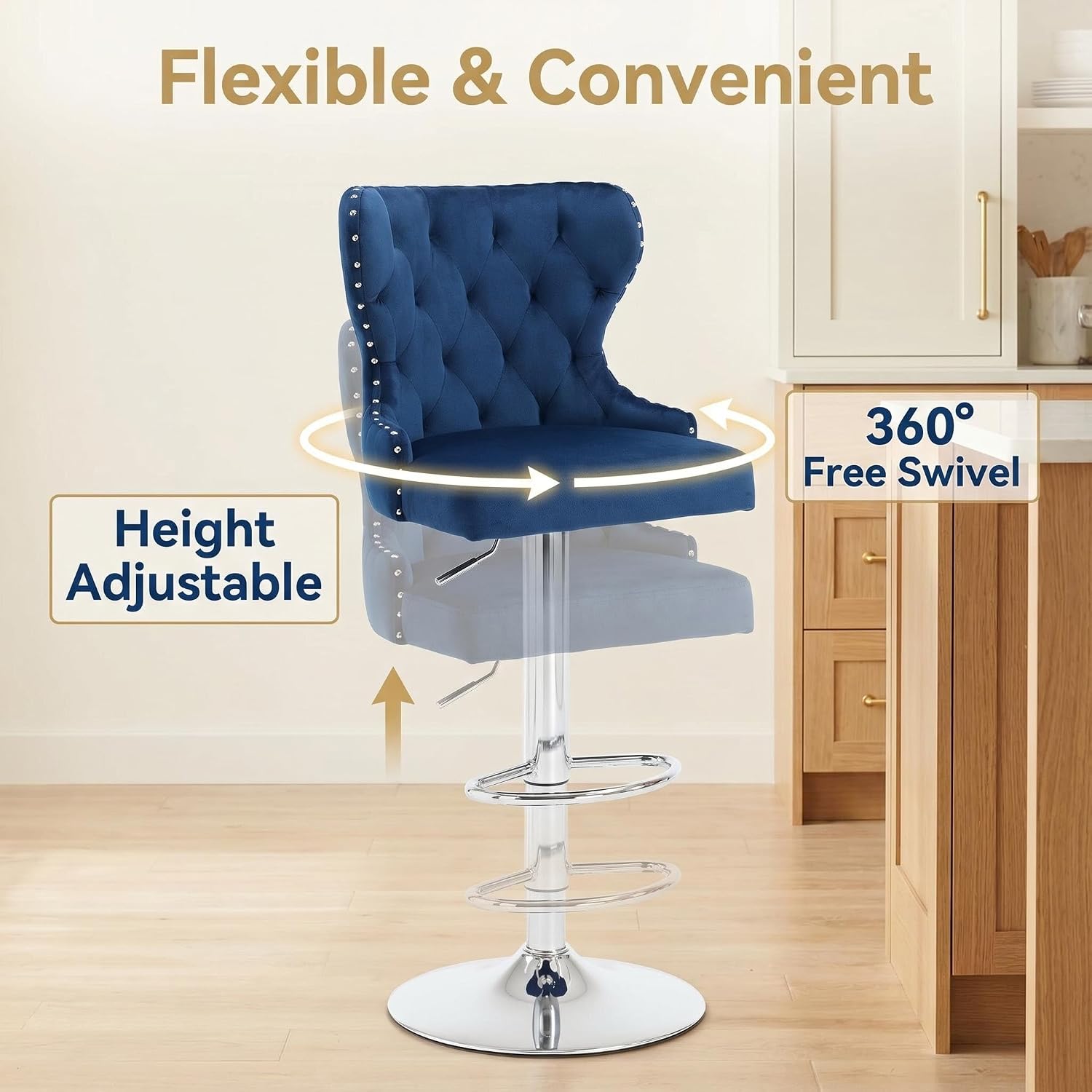 Blue Velvet Swivel Bar Stools Set