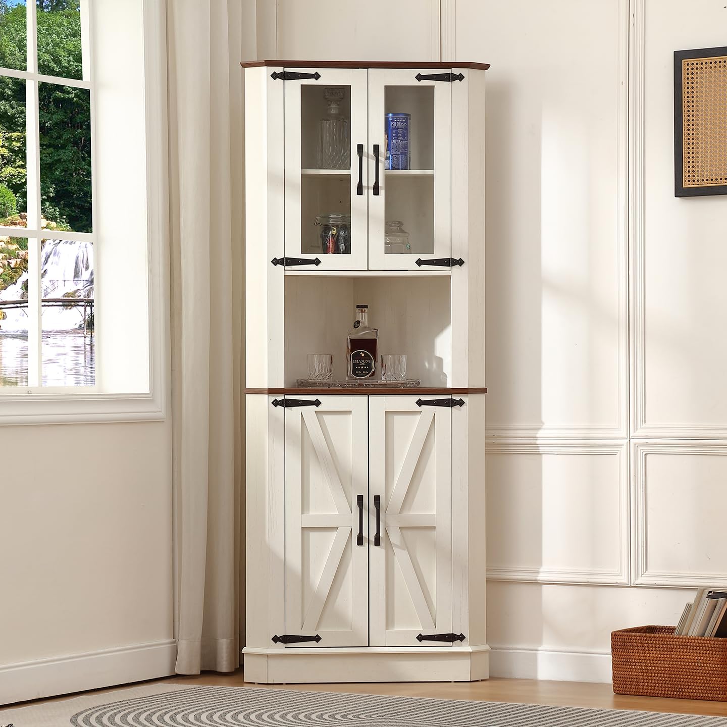 Off White Pentagon Tall Corner Liquor Storage Cabinet