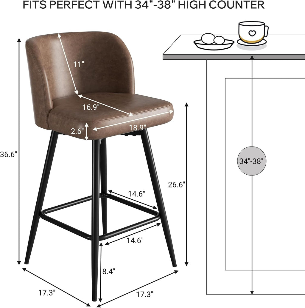 Brown Faux Leather Swivel Bar Stools Set of 2