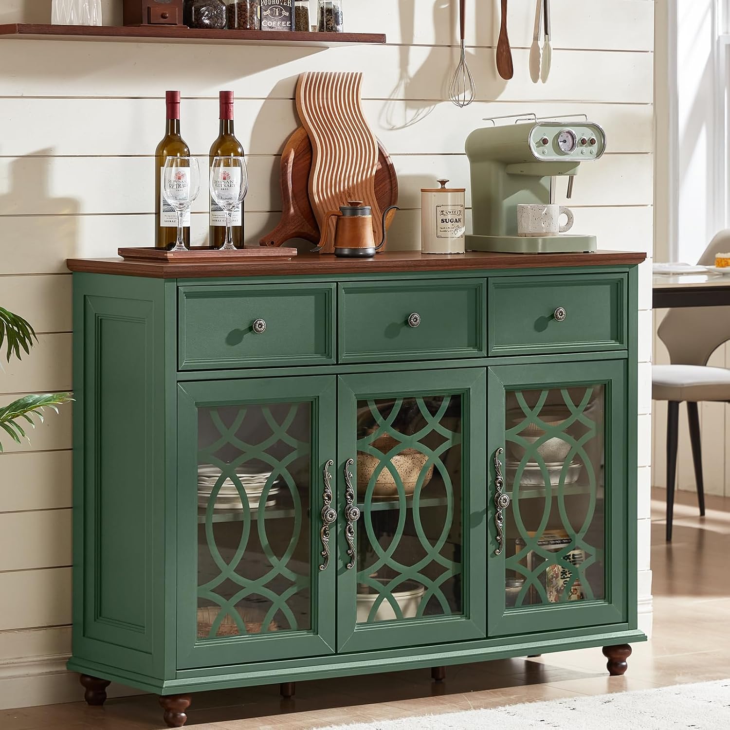 Green Farmhouse Glass Door Drawer Storage Sideboard Credenza