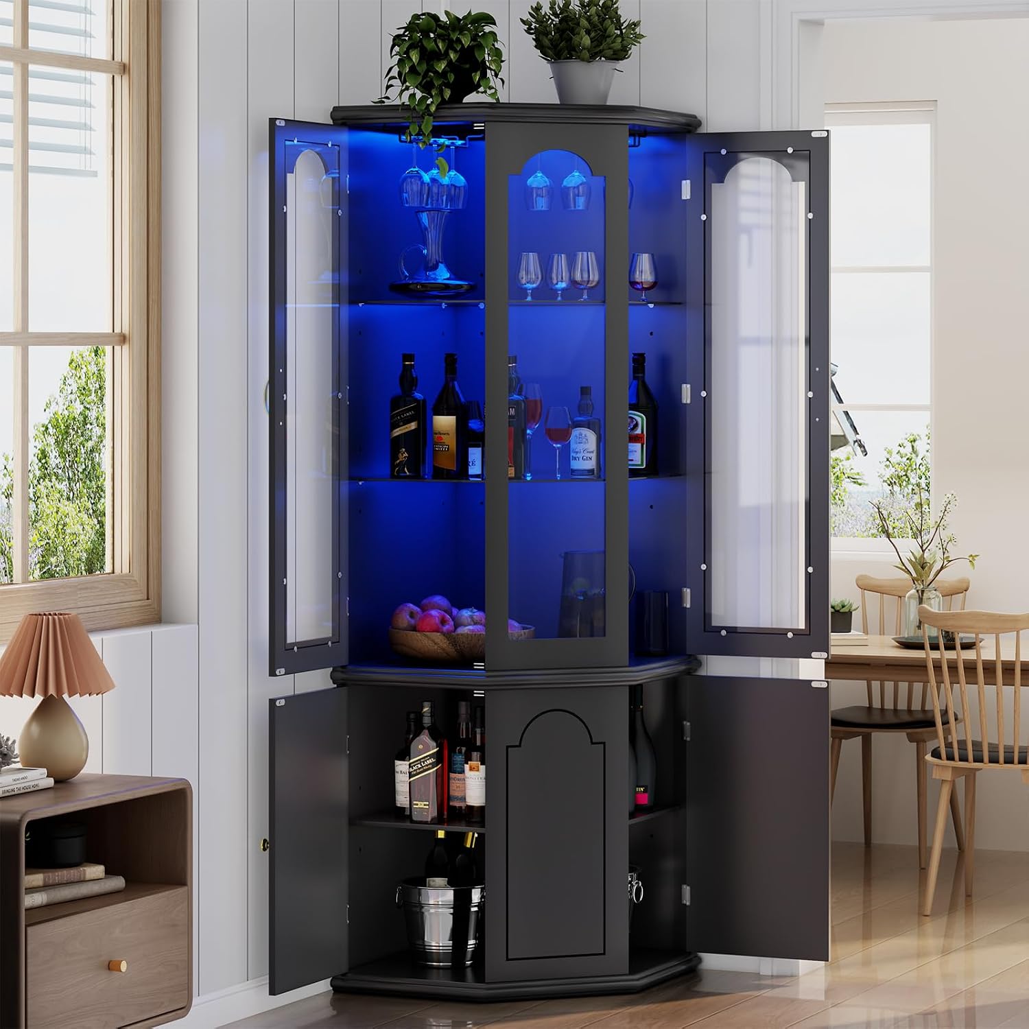 Black LED Tempered Glass Tall Corner Wine Bar Cabinet