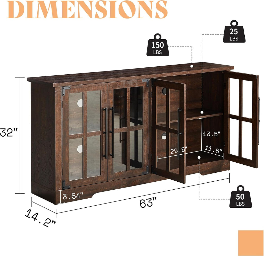 Brown Farmhouse Glass Door Buffet Sideboard Cabinet