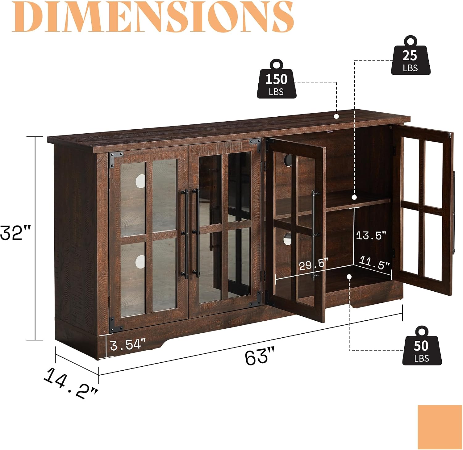 Brown Farmhouse Glass Door Buffet Sideboard Cabinet