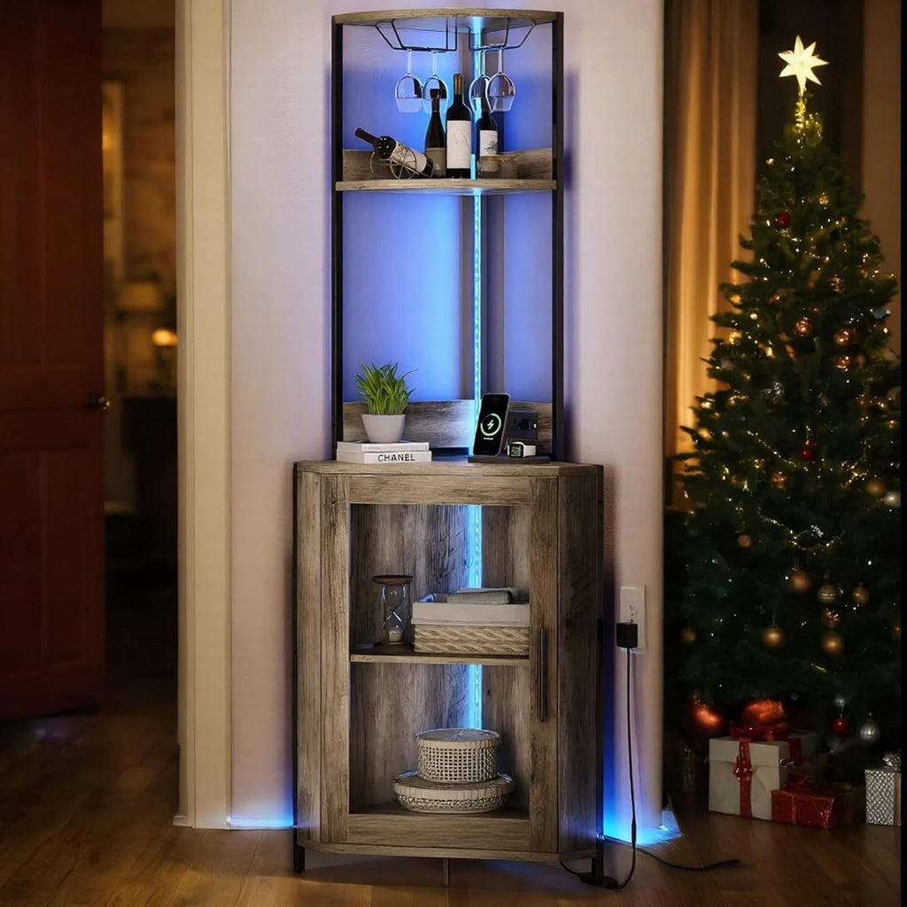 Power Outlet LED Glass Holder Corner Wine Bar Cabinet