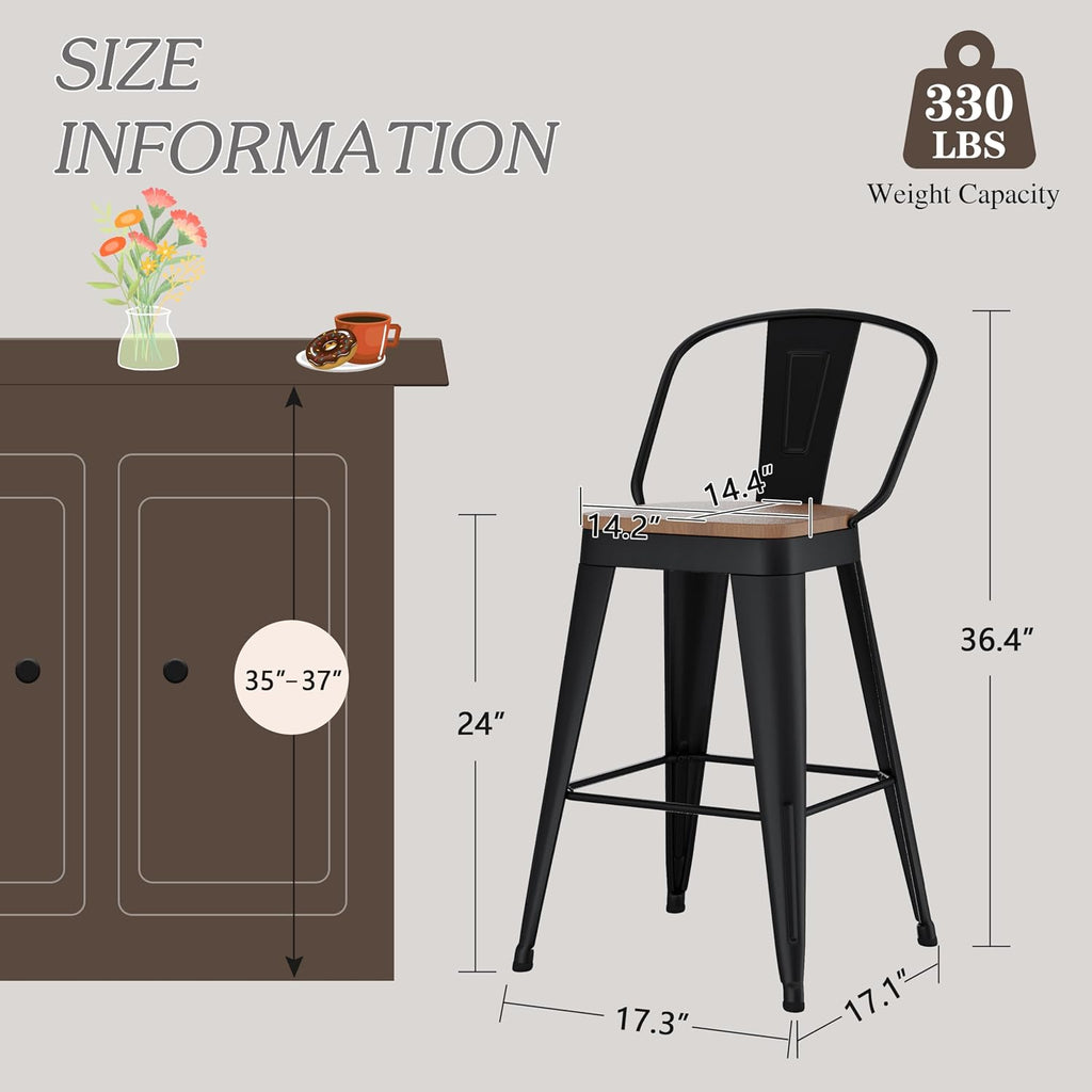 Matte Black Metal Wood Bar Stools Set