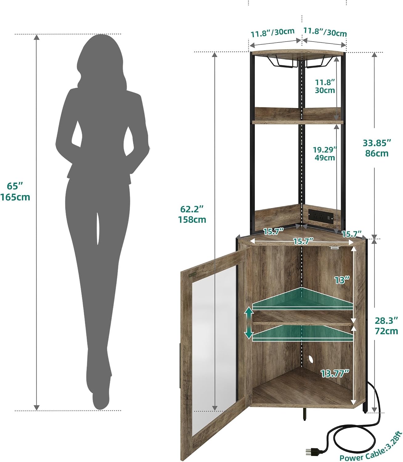 Power Outlet LED Glass Holder Corner Wine Bar Cabinet