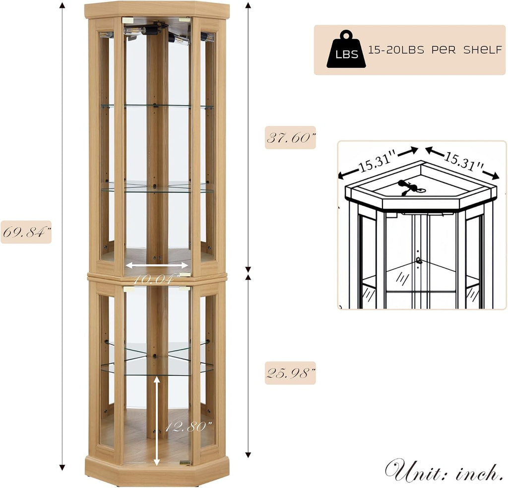 Light Oak LED Tempered Glass Tall Corner Wine Curio Cabinet
