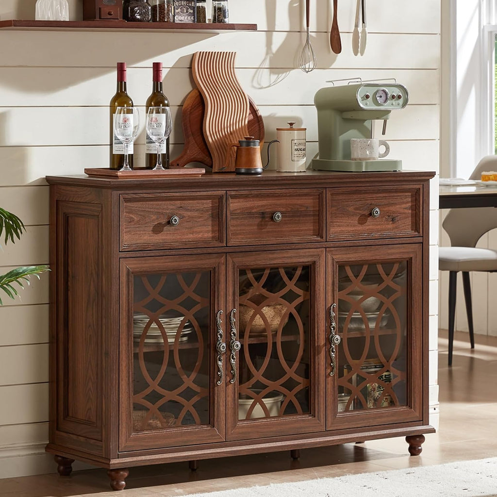Brown Farmhouse Glass Door Drawer Sideboard Credenza