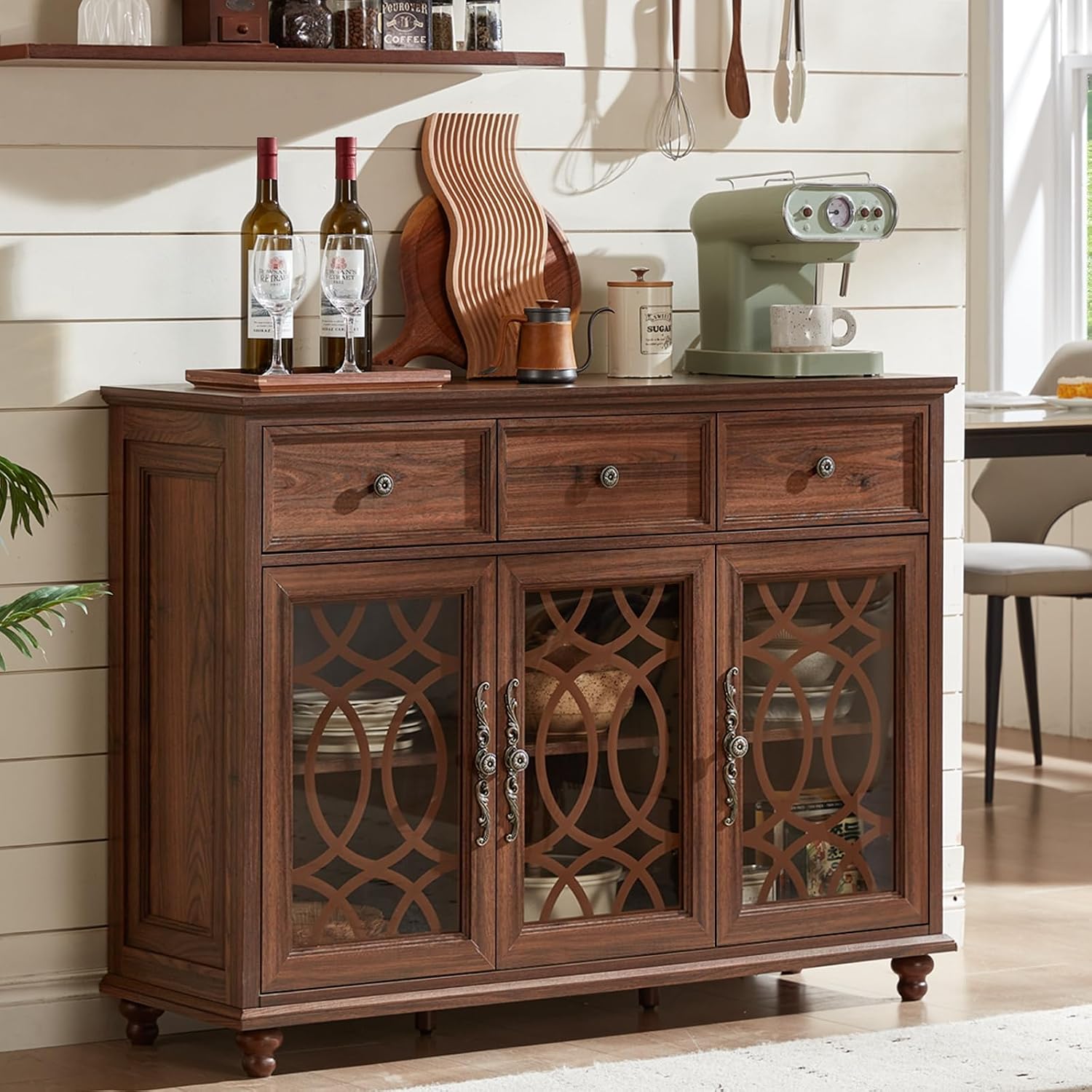 Brown Farmhouse Glass Door Drawer Sideboard Credenza
