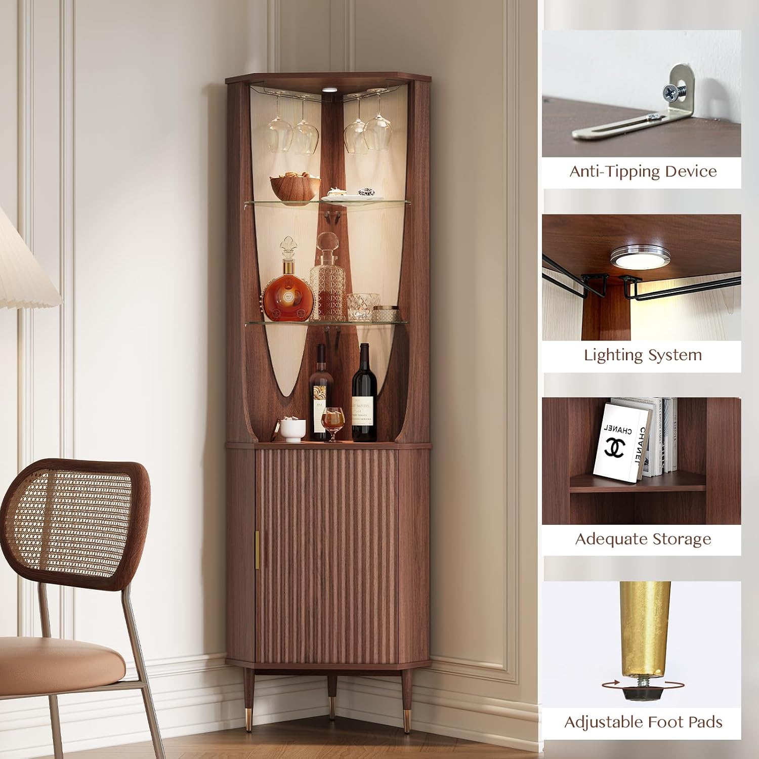 Walnut Fluted LED Tall Corner Liquor Wine Cabinet
