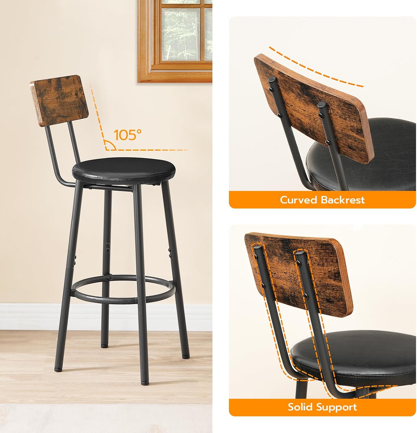 Rustic Brown PU Bar Stools Set of 2