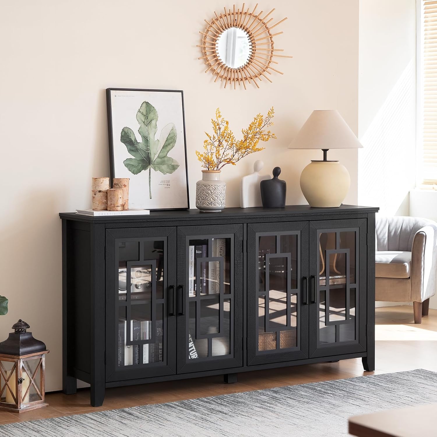 Black Farmhouse 4 Glass Door Sideboard Coffee Bar Cabinet