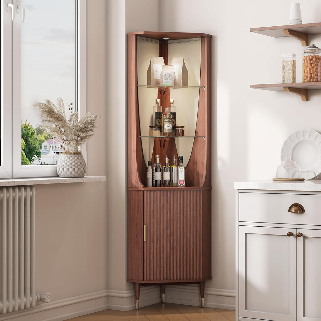 Walnut Fluted LED Tall Corner Liquor Wine Cabinet