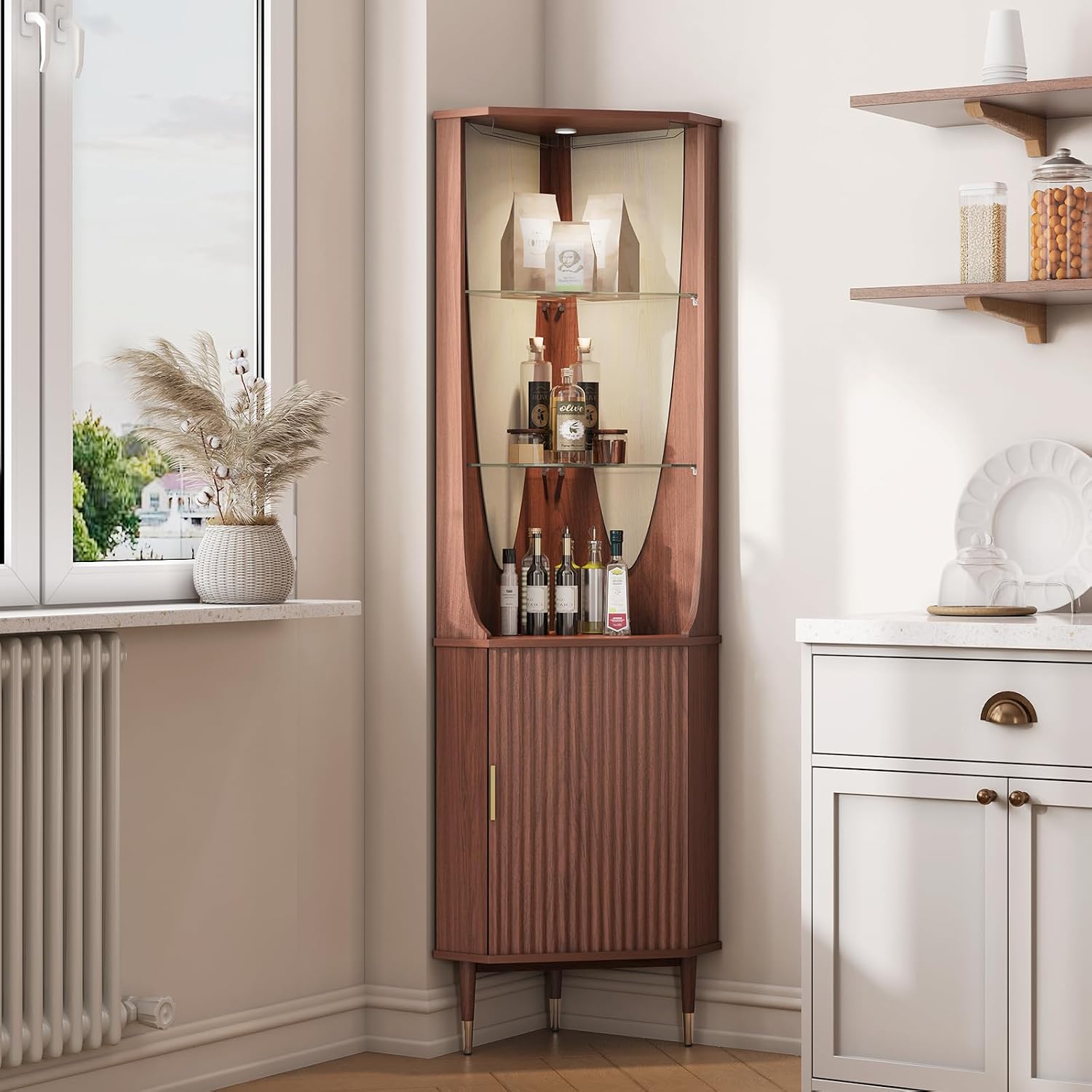 Walnut Fluted LED Tall Corner Liquor Wine Cabinet