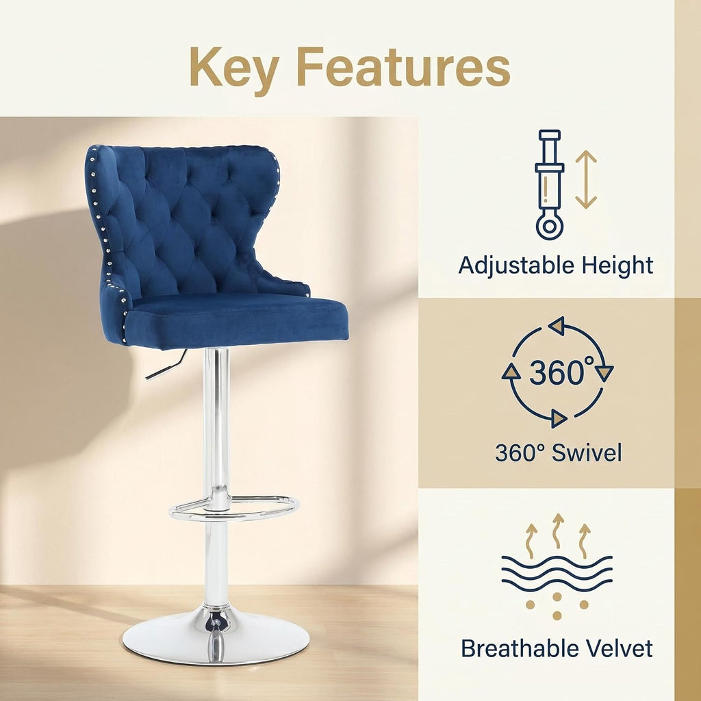 Blue Velvet Swivel Bar Stools Set