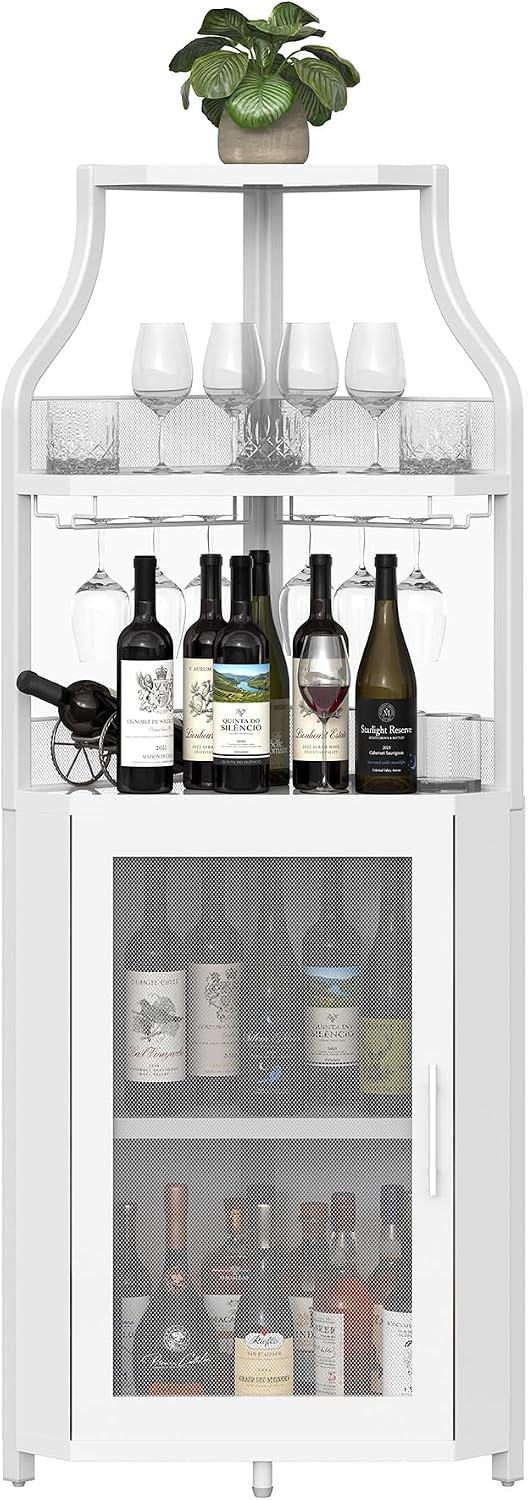 White Mesh Door Industrial Corner Wine Bar Cabinet
