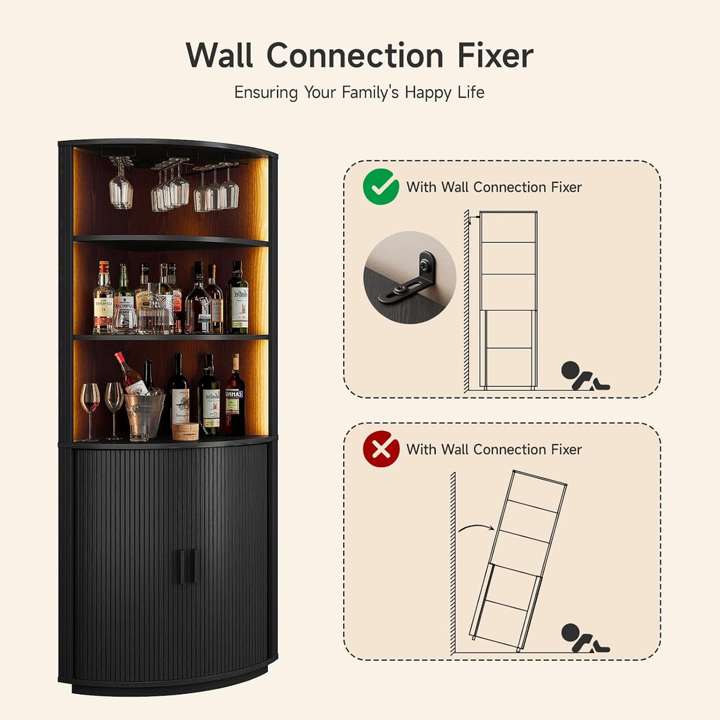 Black LED Fluted Tall Corner Wine Bar Cabinet