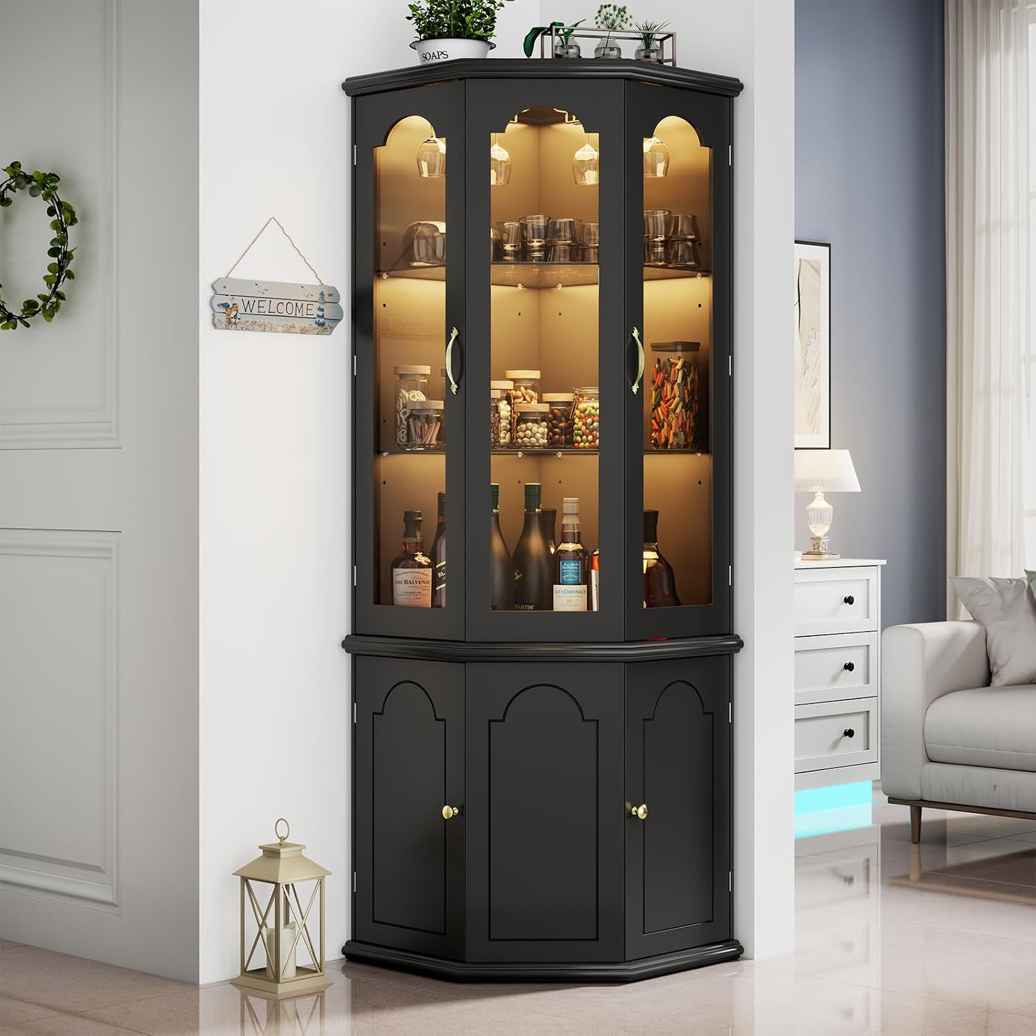 Black LED Tempered Glass Tall Corner Wine Bar Cabinet