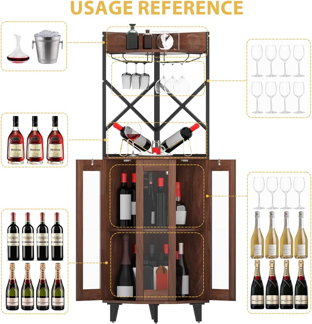 Walnut Lockable LED Glass Door Corner Wine Bar Cabinet