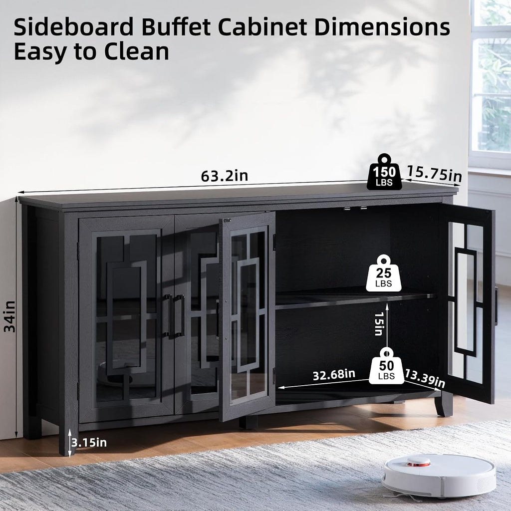 Black Farmhouse 4 Glass Door Sideboard Coffee Bar Cabinet