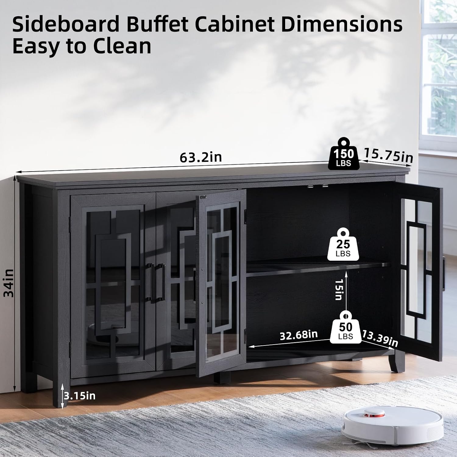 Black Farmhouse 4 Glass Door Sideboard Coffee Bar Cabinet
