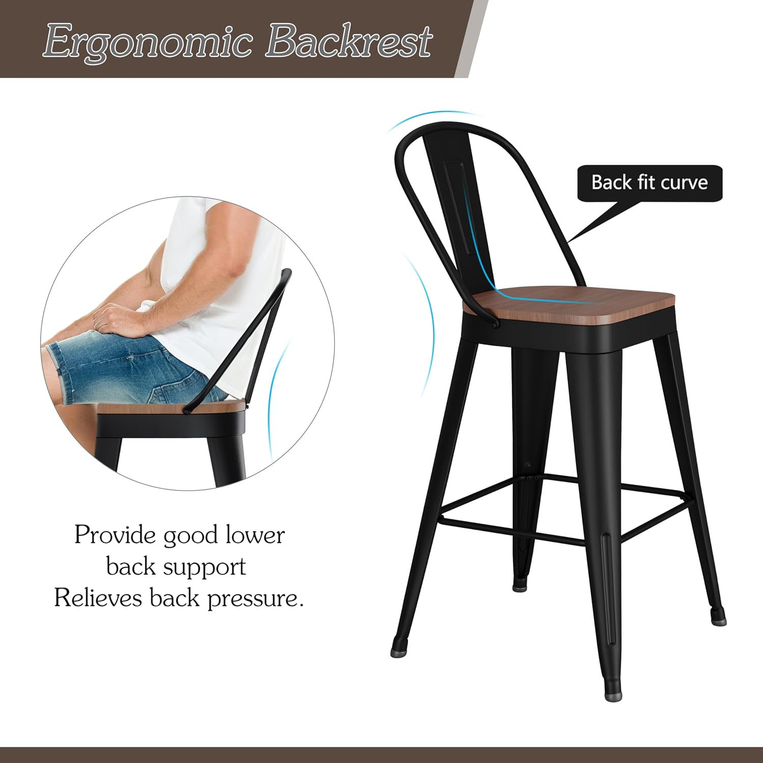Matte Black Metal Wood Bar Stools Set