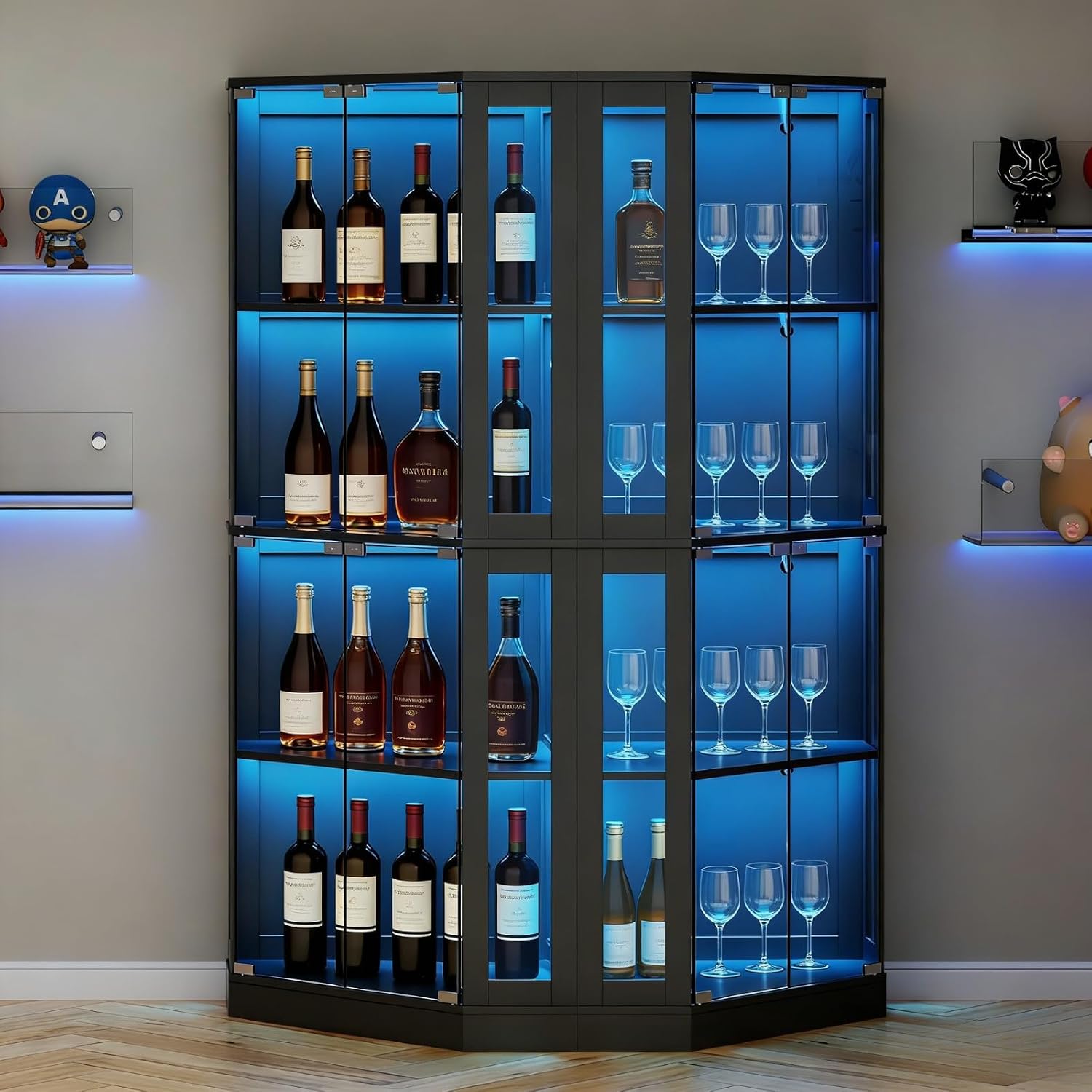 Modern LED Tempered Glass Tall Corner Wine Bar Cabinet