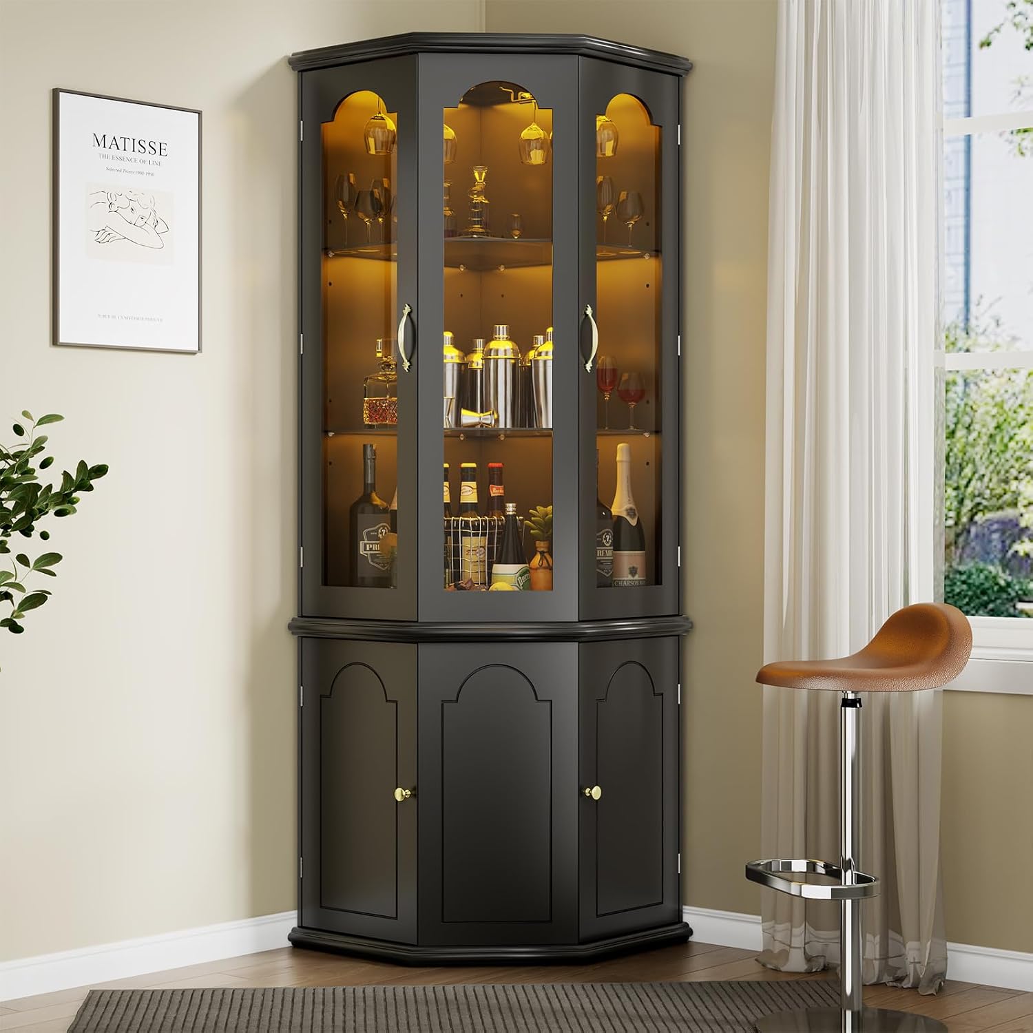 Black LED Tempered Glass Tall Corner Wine Bar Cabinet