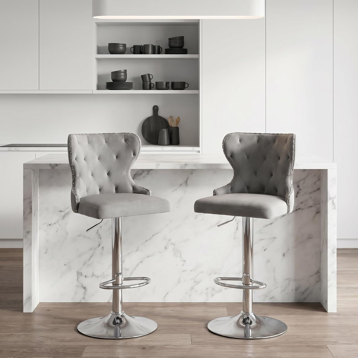 Gray Velvet Nailhead Swivel Bar Stools Set of 2