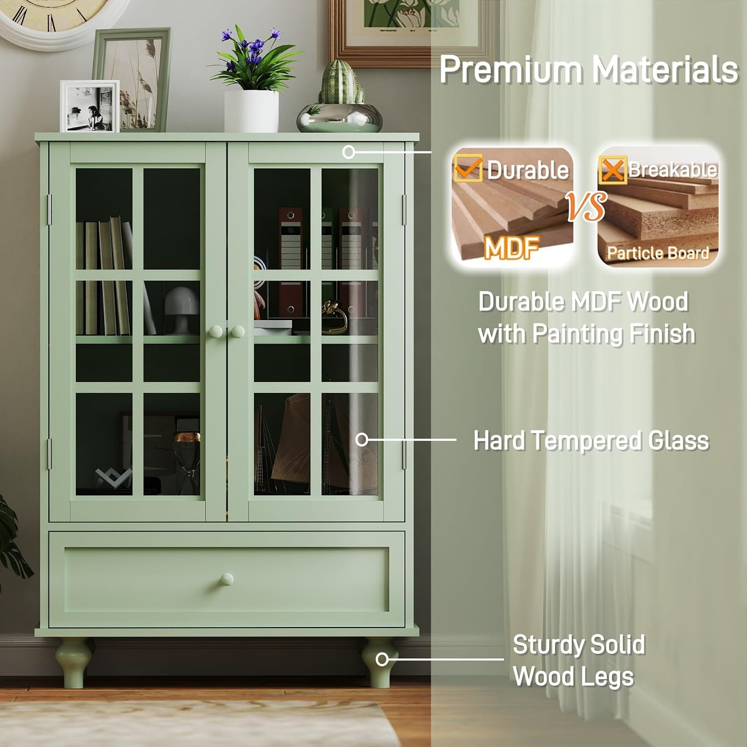 Glass Door Drawer Wooden Sideboard Storage Cabinet