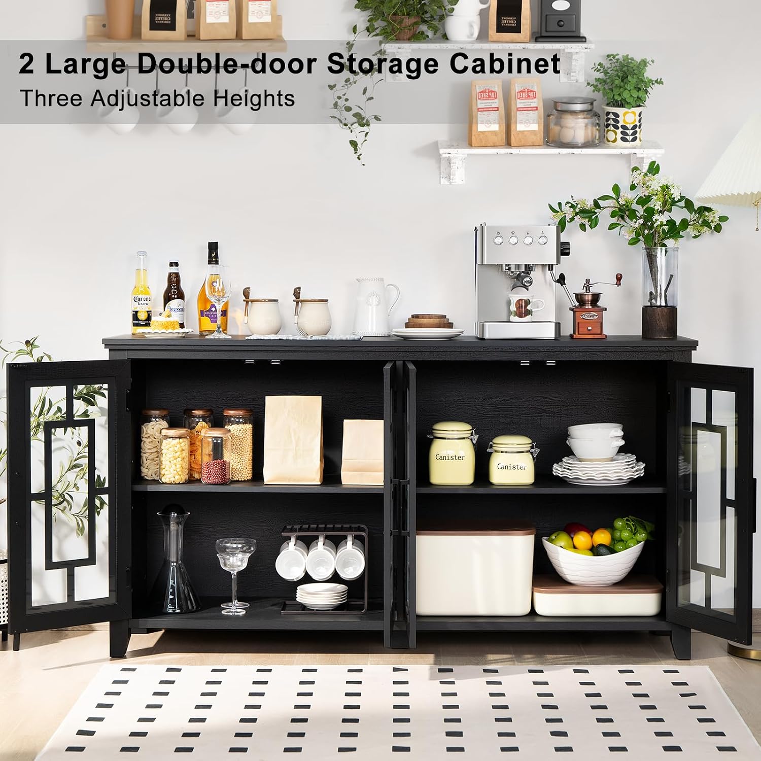 Black Farmhouse 4 Glass Door Sideboard Coffee Bar Cabinet