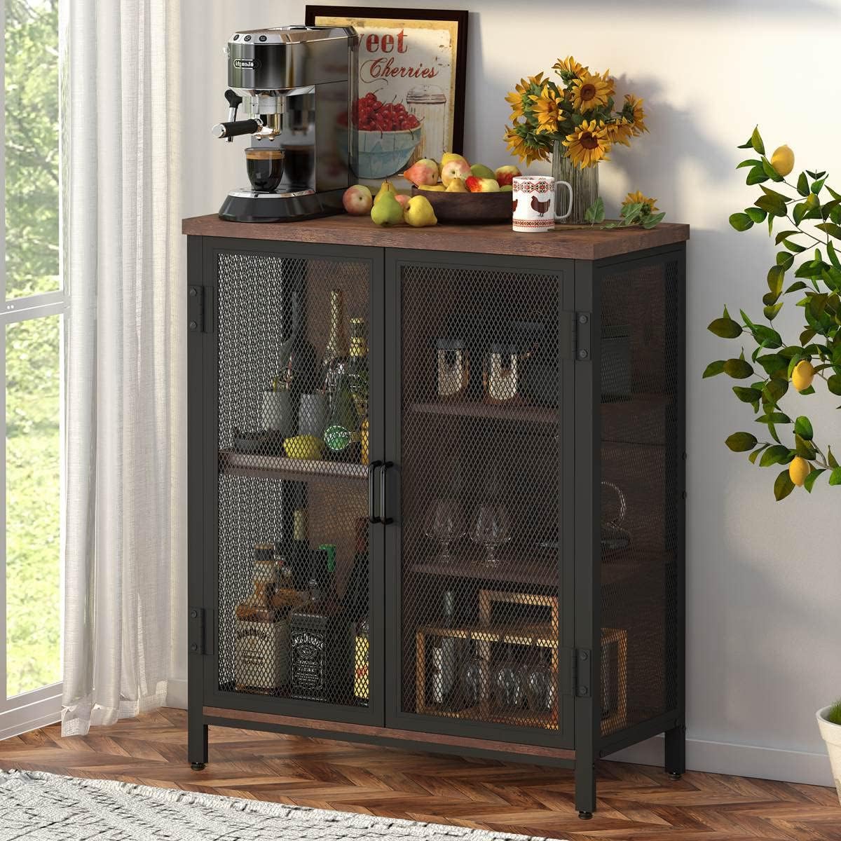 Rustic Oak Farmhouse Liquor Coffee Bar Sideboard Cabinet