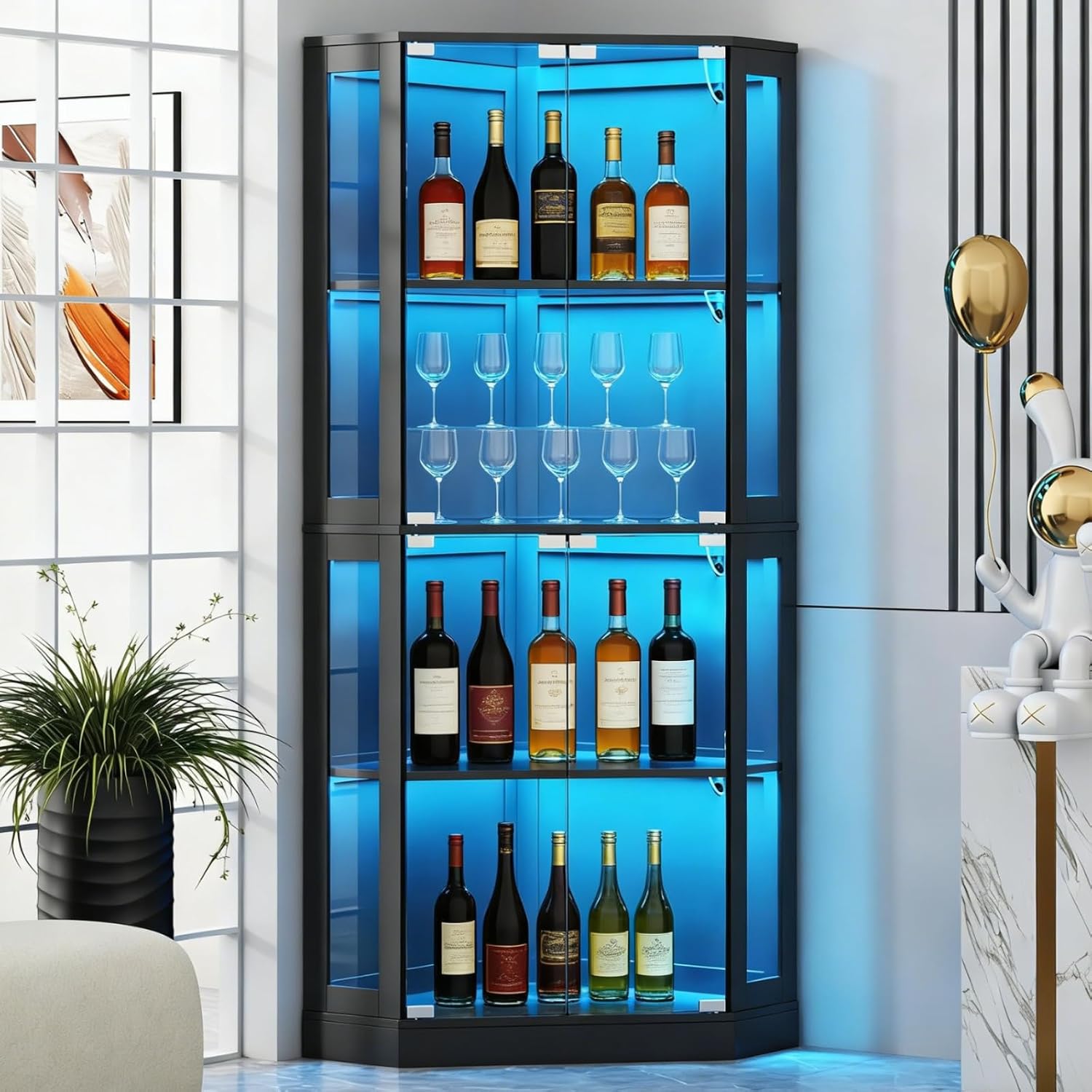 Modern LED Tempered Glass Tall Corner Wine Bar Cabinet