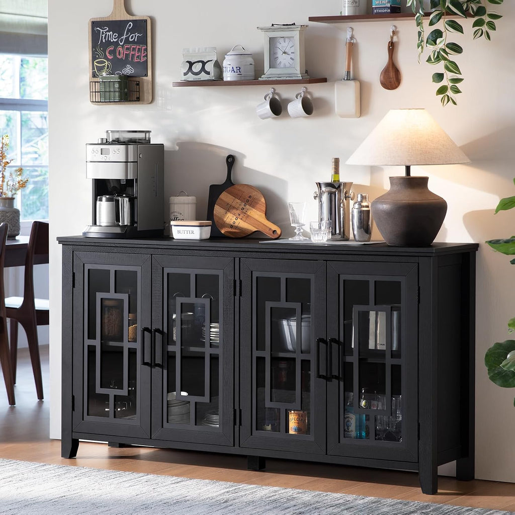 Black Farmhouse 4 Glass Door Sideboard Coffee Bar Cabinet