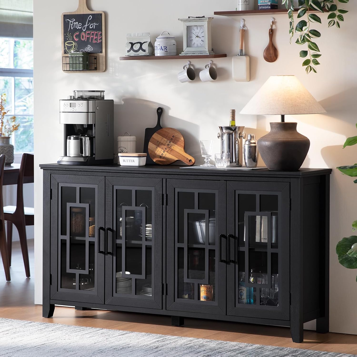 Black Farmhouse 4 Glass Door Sideboard Coffee Bar Cabinet