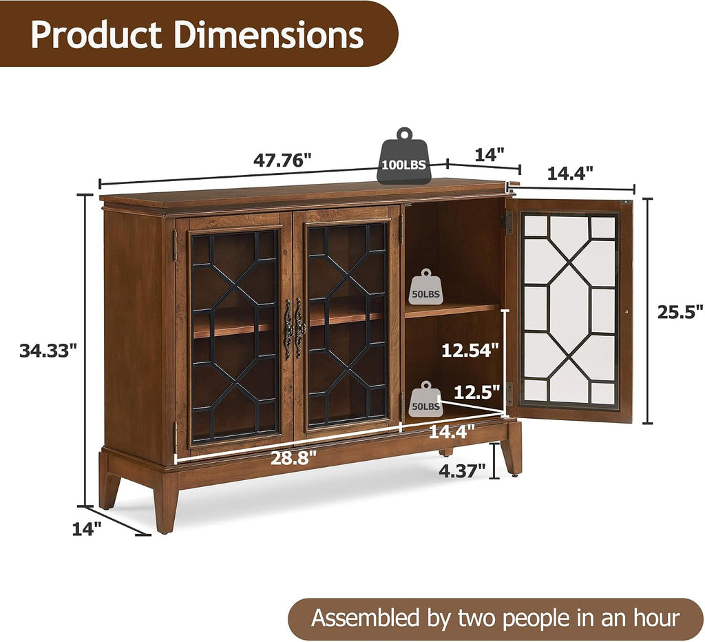 Cherry Mid Century Glass Door Sideboard Cabinet