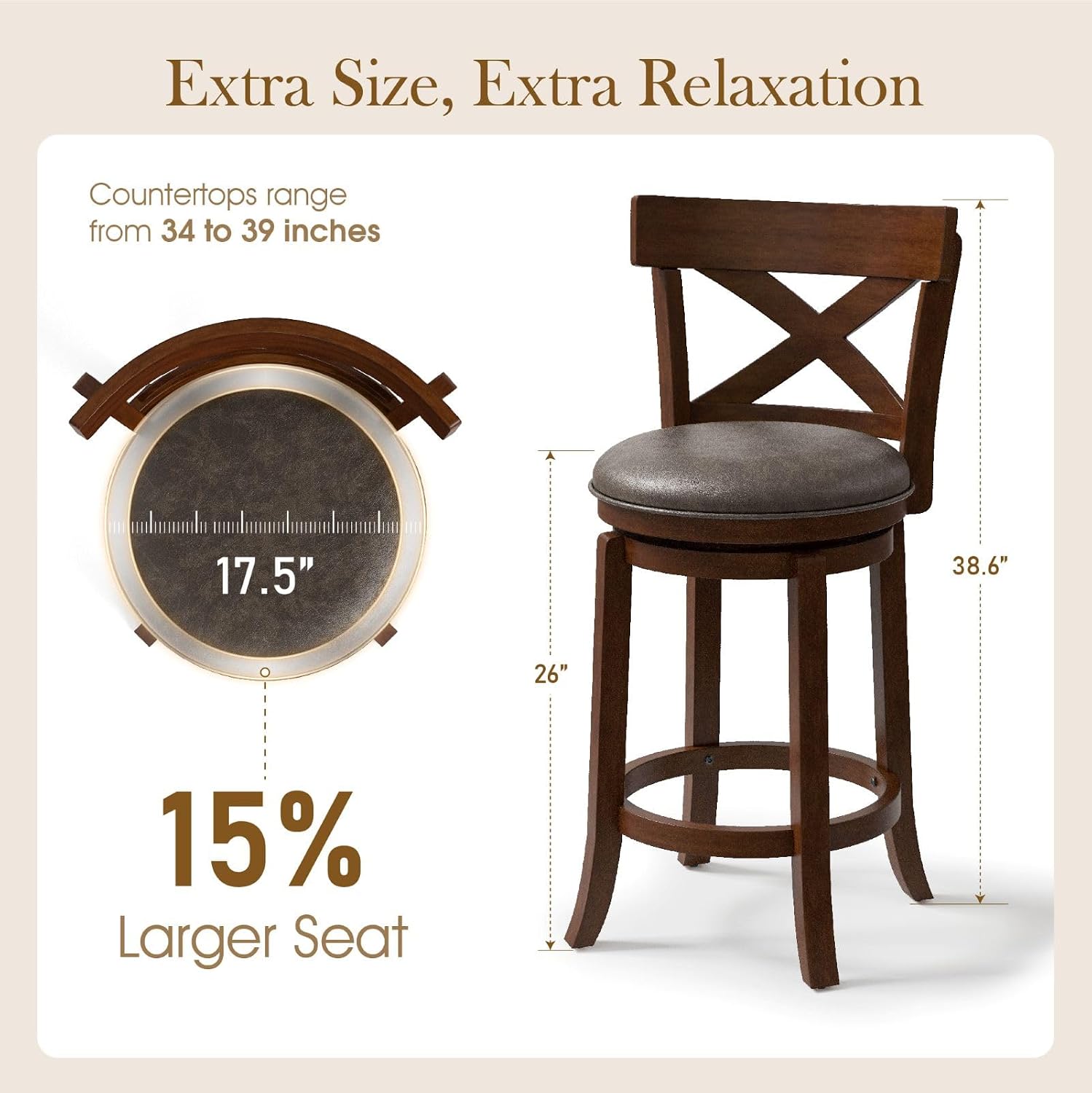 Cross Back Faux Leather Swivel Bar Stools Set of 2