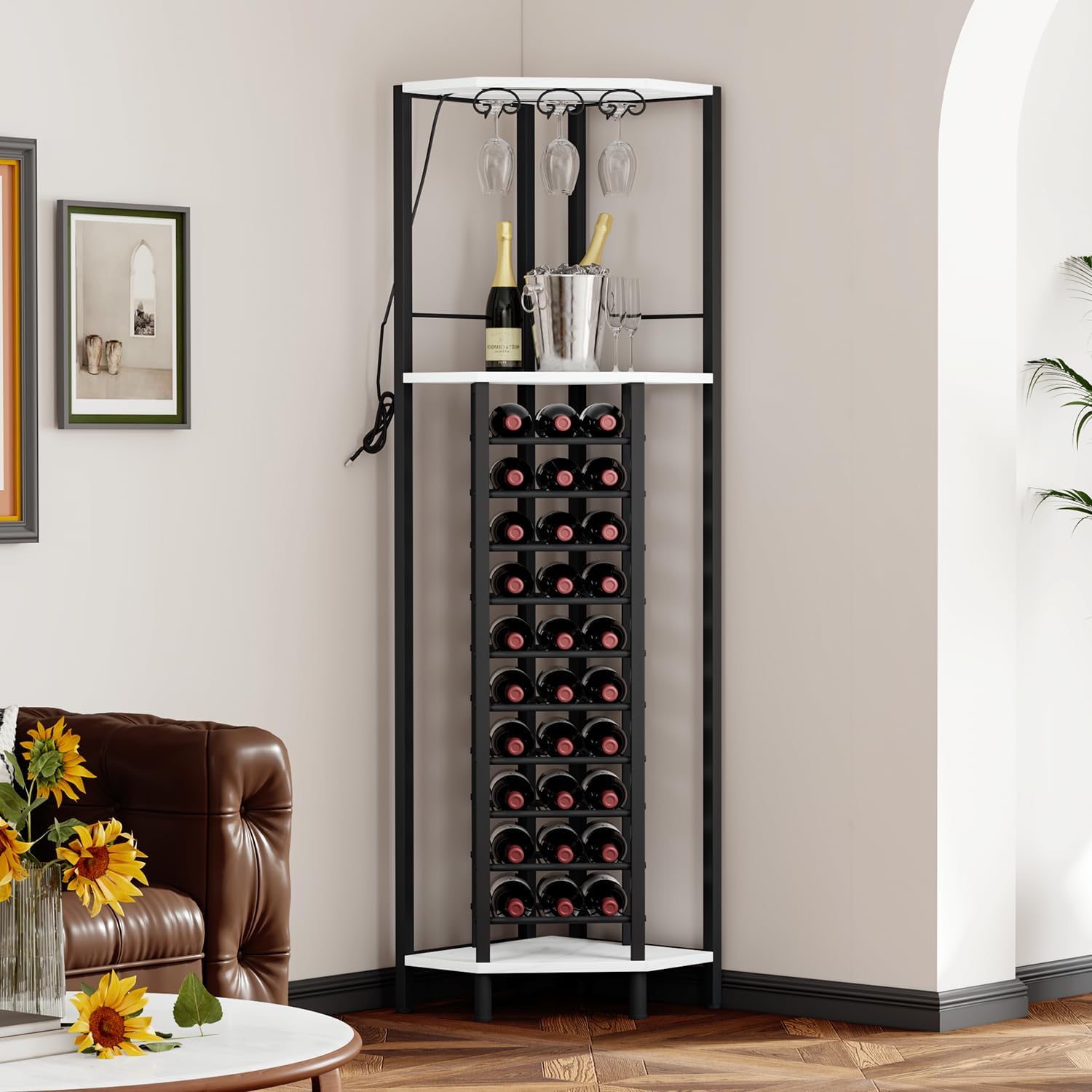 LED Glass Holder Freestanding Industrial Corner Wine Bar Cabinet