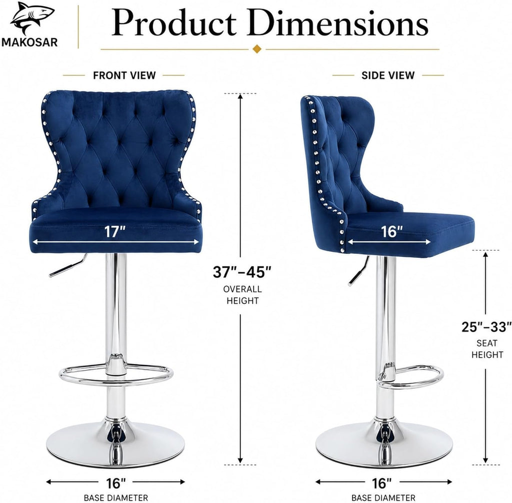 Blue Velvet Swivel Bar Stools Set