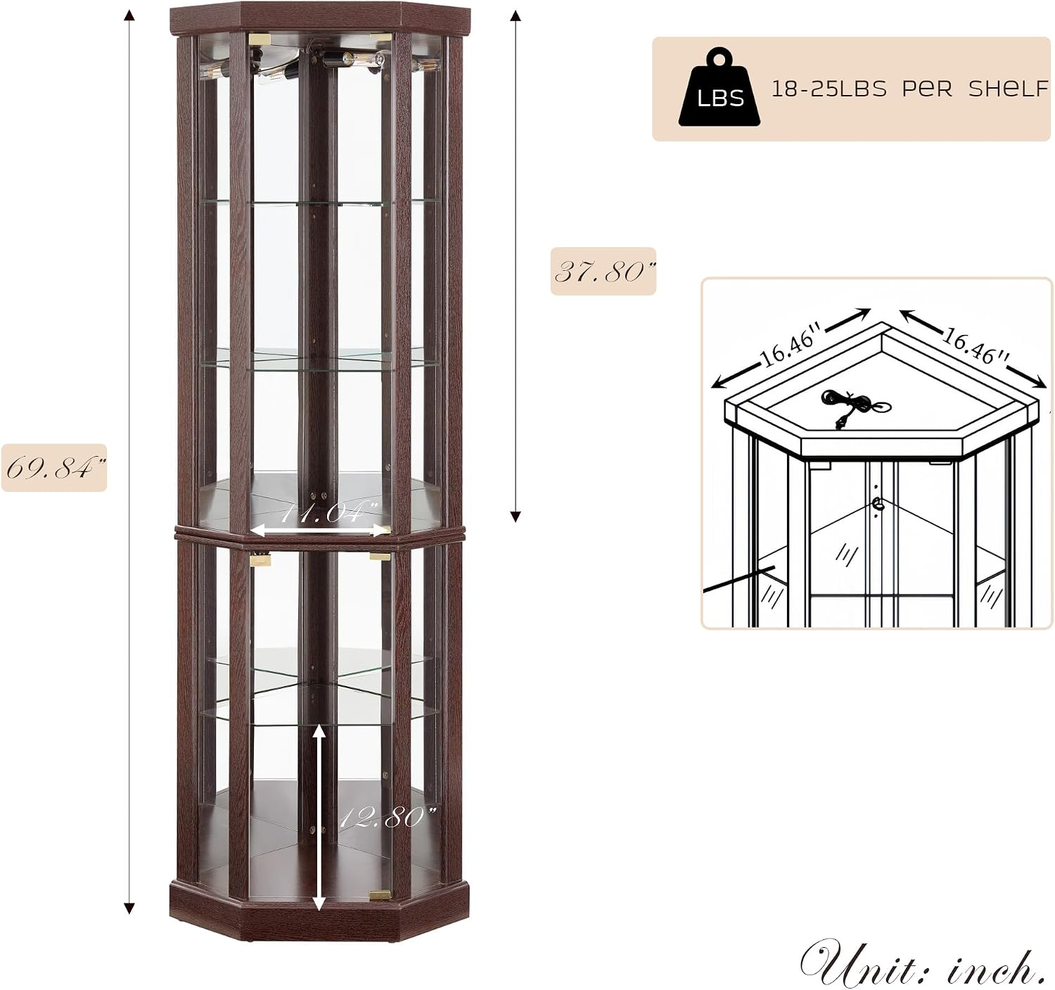 Dark Cherry LED Tempered Glass Tall Corner Wine Curio Cabinet
